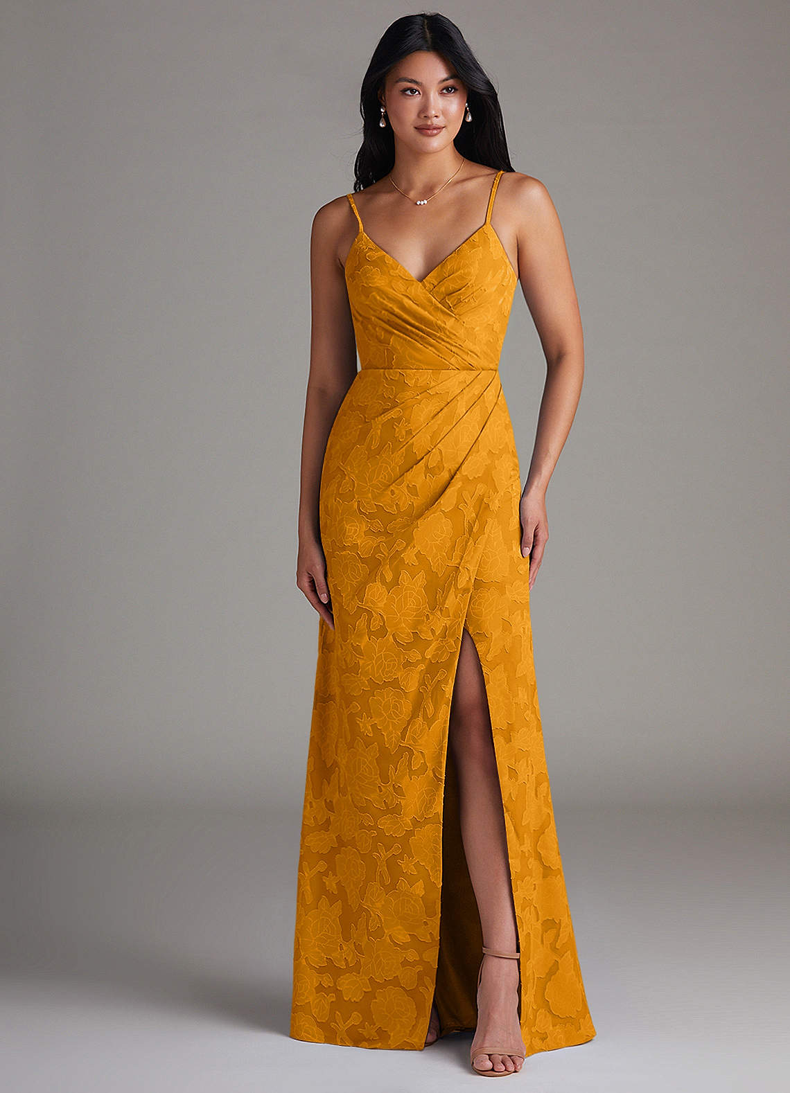 Maci Sheath V-Neck Floral Burnout Bridesmaid Dress in butterscotch
