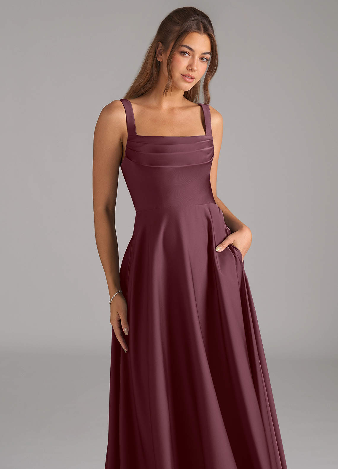 Shaude A-Line Square-Neck Stretch Satin Bridesmaid Dress in Sangria