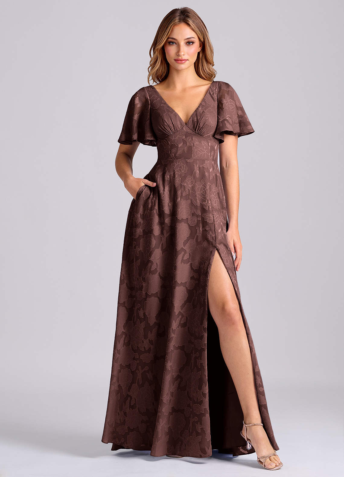Kimber A-Line V-Neck Floral Burnout Bridesmaid Dress in Espresso