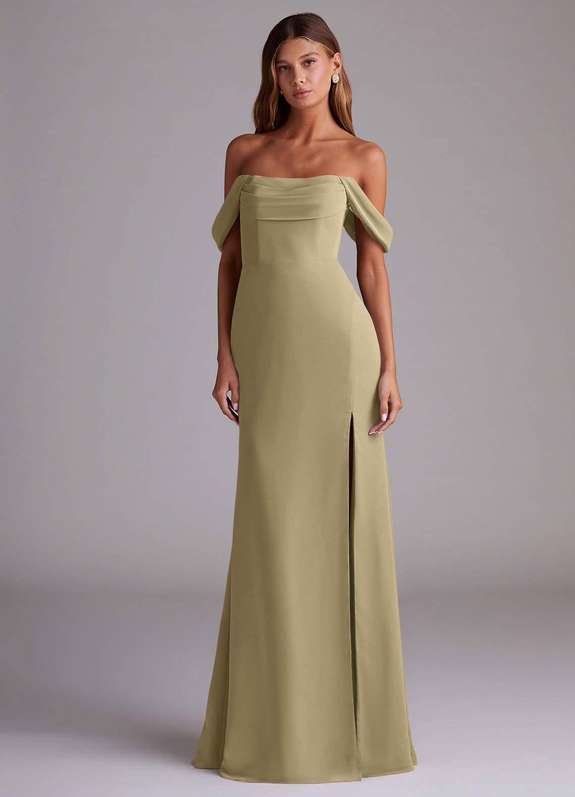 Saige A-Line Off-the-Shoulder Chiffon Bridesmaid Dress in Moss Green
