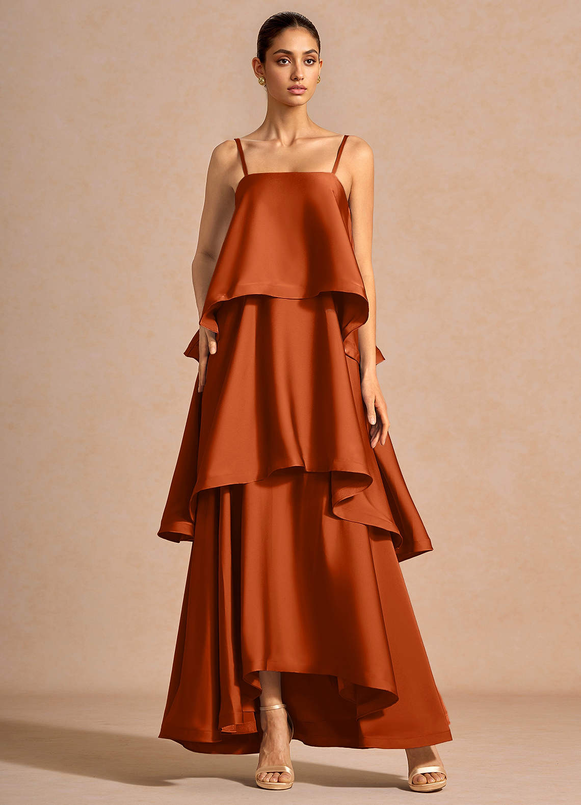 Itasca A-Line Tiered Stretch Satin Wedding Guest Dress in Rust