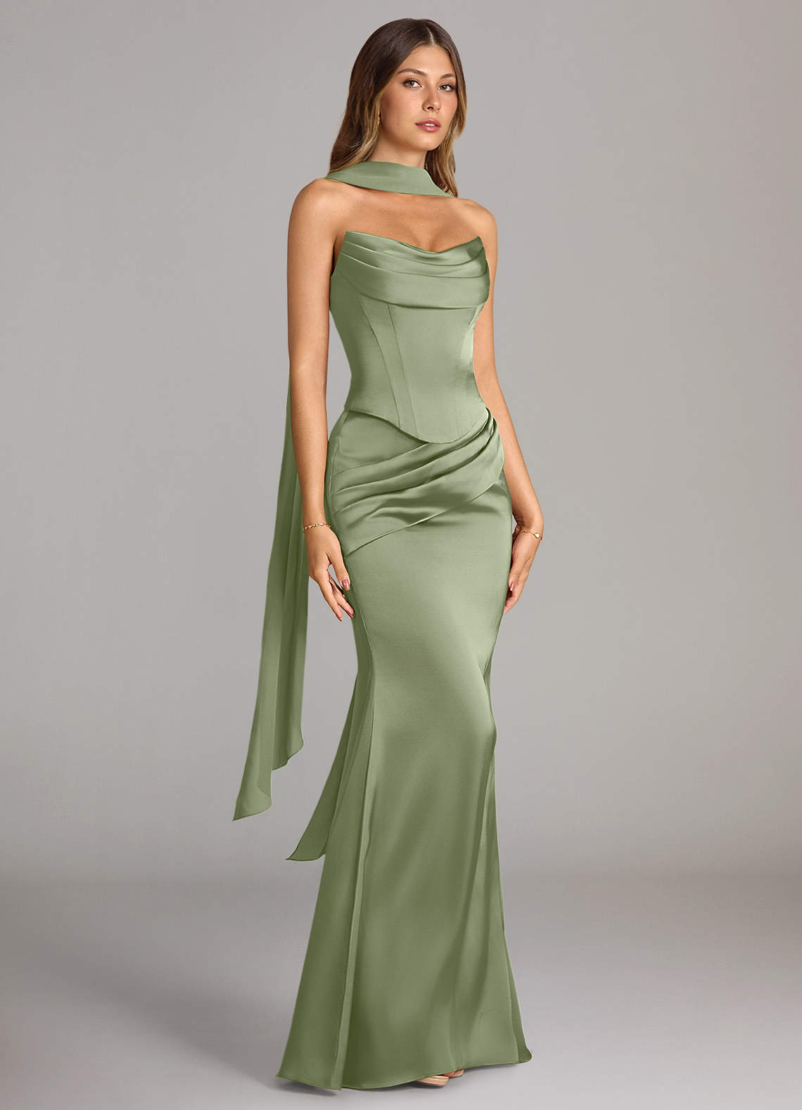 Sorrel Mermaid Cowl-Neck Stretch Satin and Chiffon Bridesmaid Dress in Pistachio