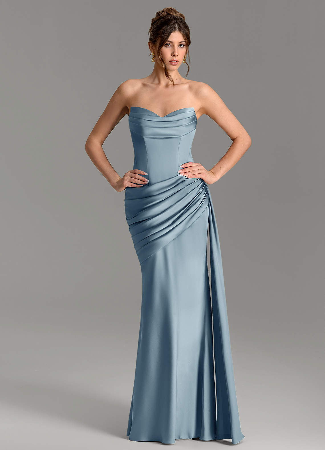Zorah Mermaid Sweetheart Stretch Satin Bridesmaid Dress in dusty blue