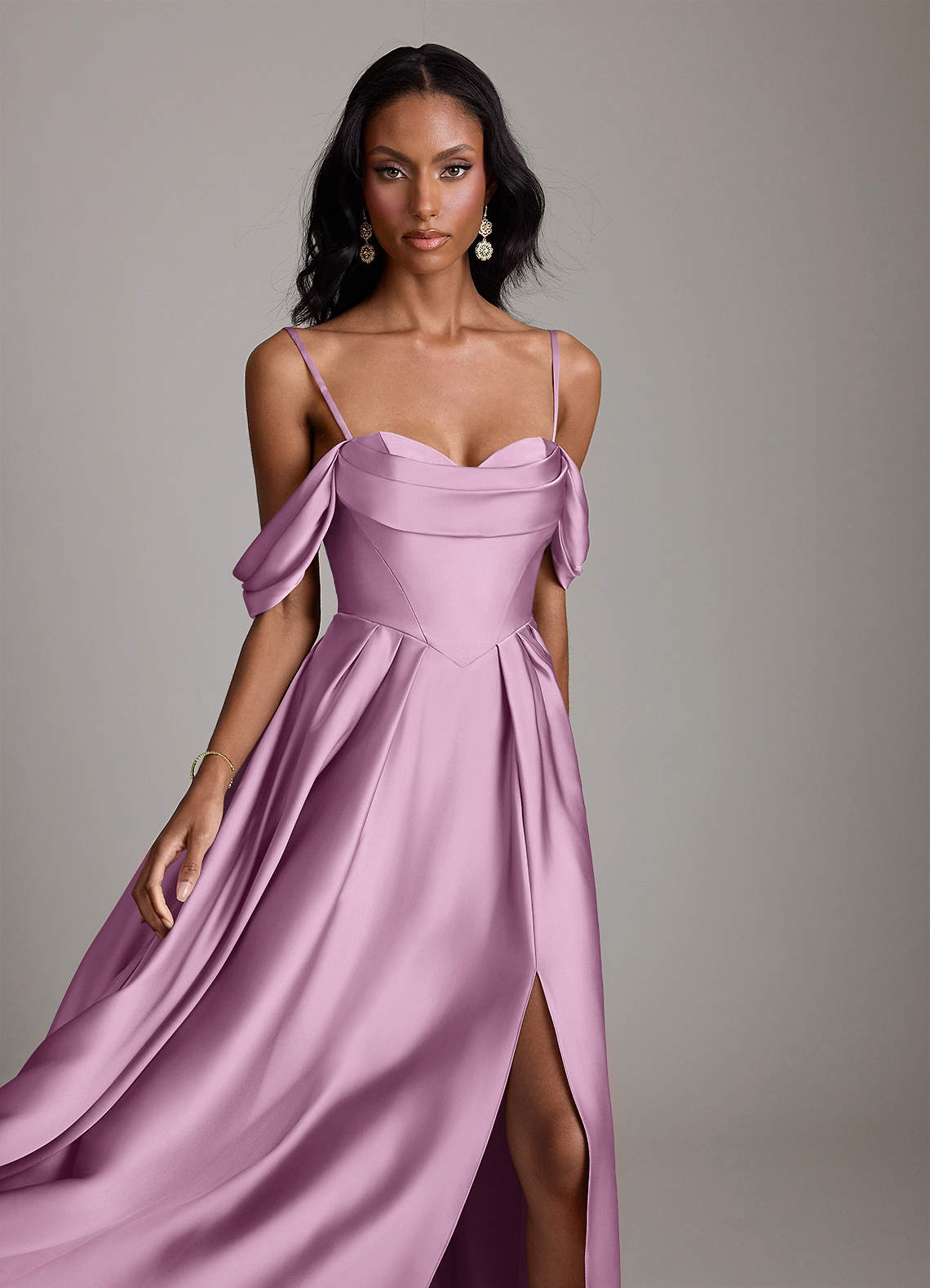 Loisa A-Line Off-the-Shoulder Stretch Satin Bridesmaid Dress in Wisteria