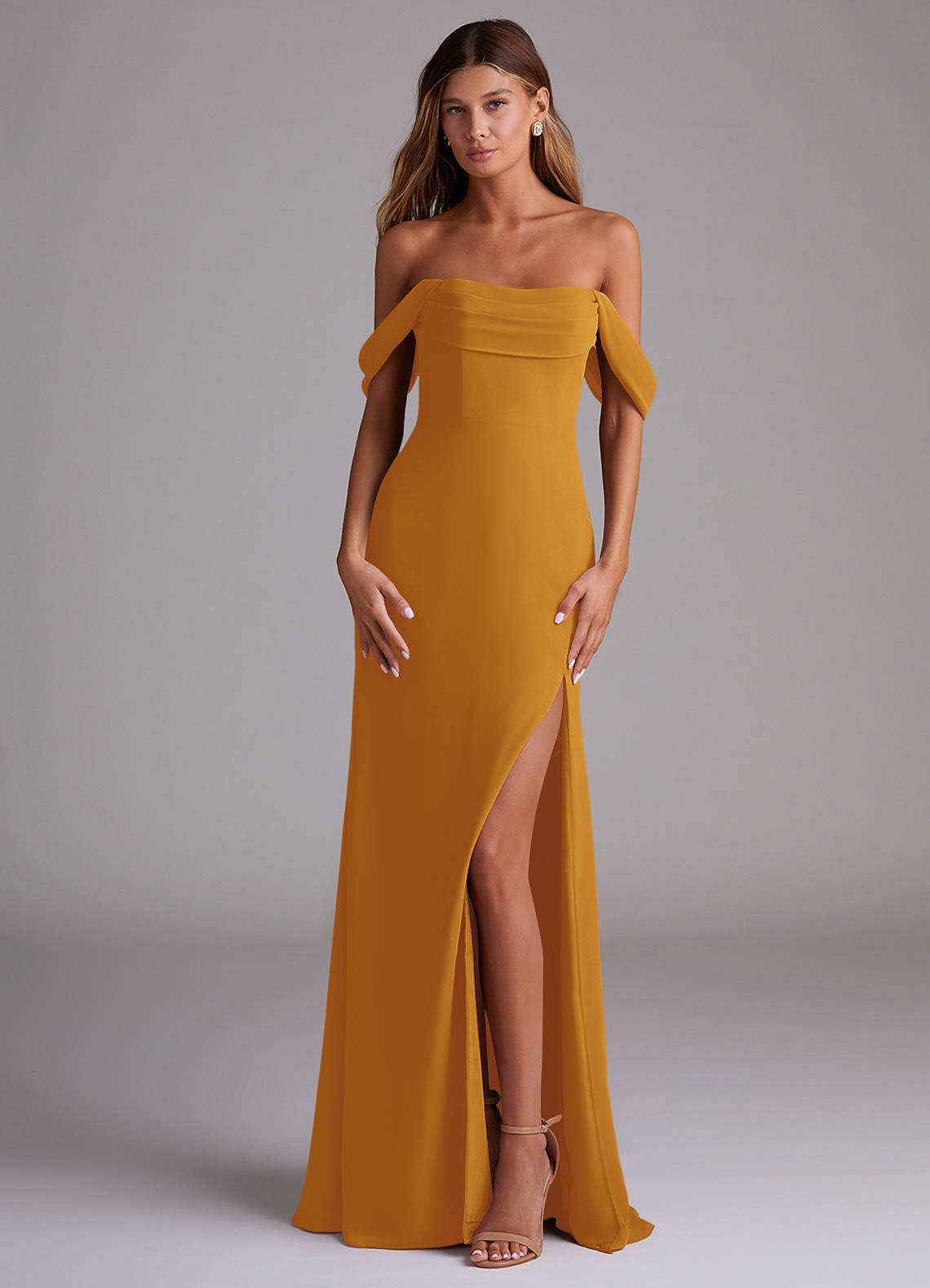 Saige A-Line Off-the-Shoulder Chiffon Bridesmaid Dress in butterscotch