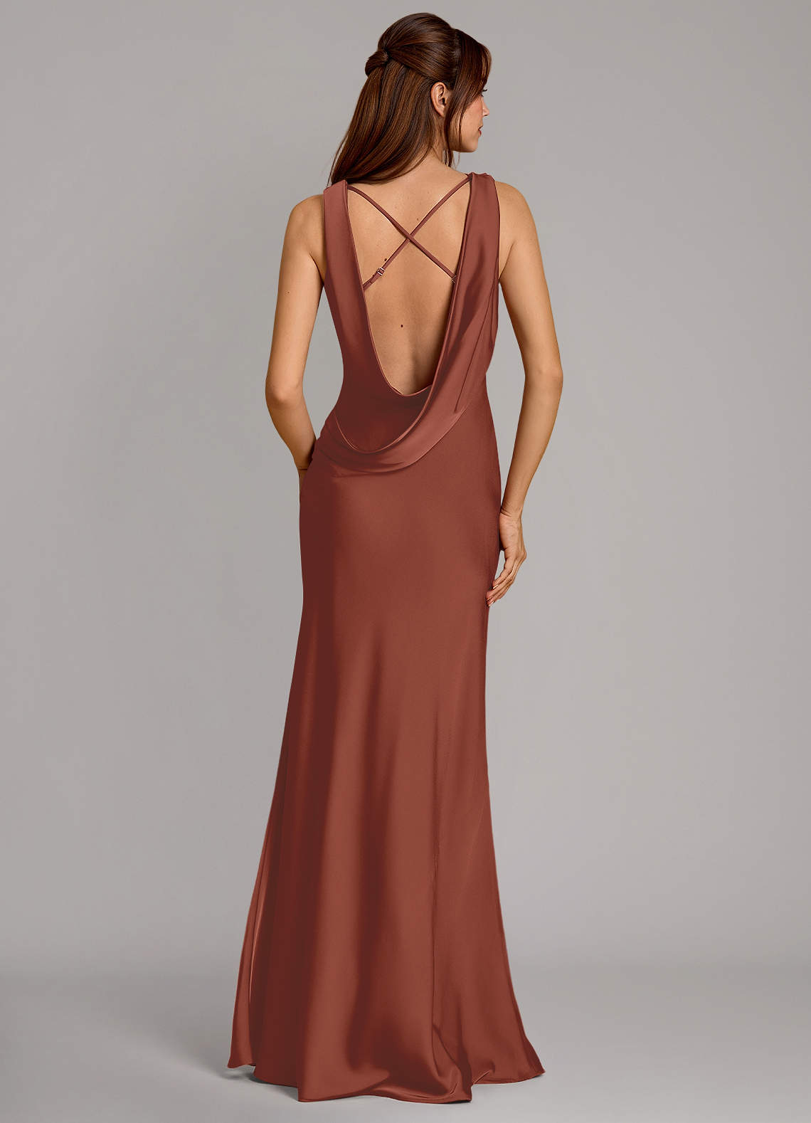 Cheryl Mermaid Cowl-Neck Stretch Satin Bridesmaid Dress in Auburn