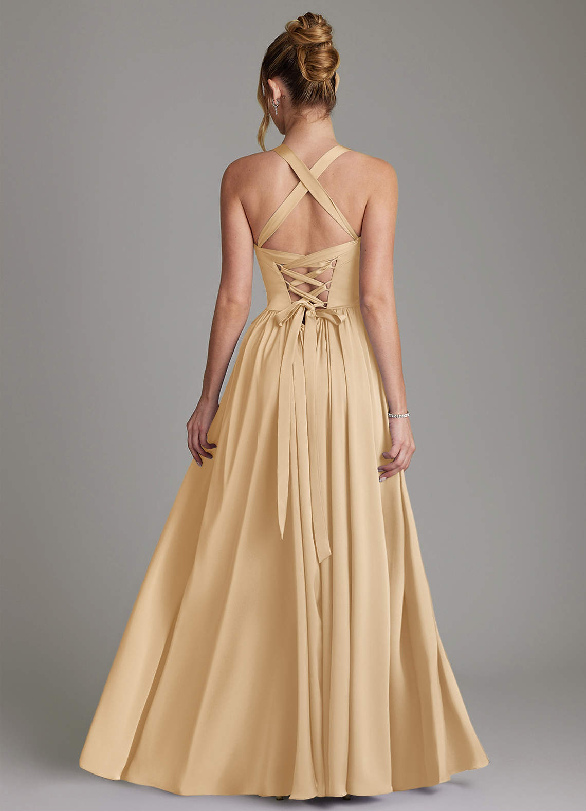 Francis A-Line V-Neck Stretch Satin Bridesmaid Dress in Gold