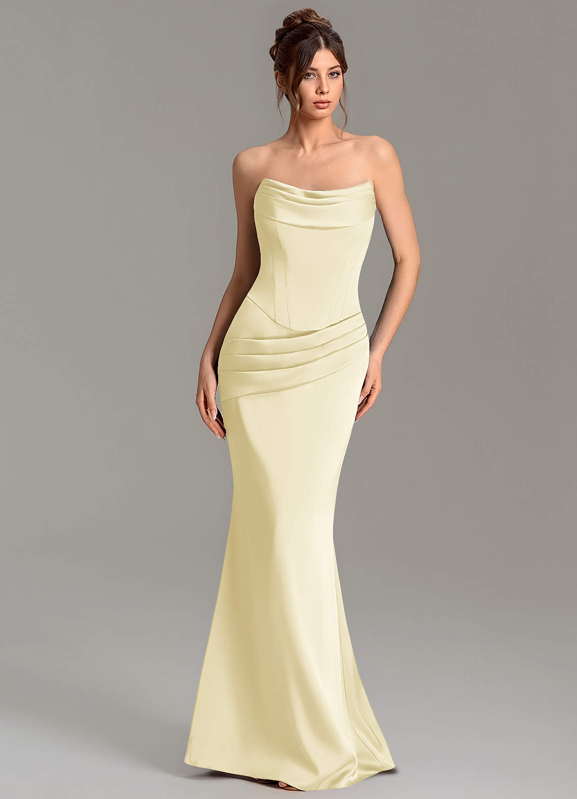 Adrienne Mermaid Cowl-Neck Stretch Satin Bridesmaid Dress in Lemon Sorbet