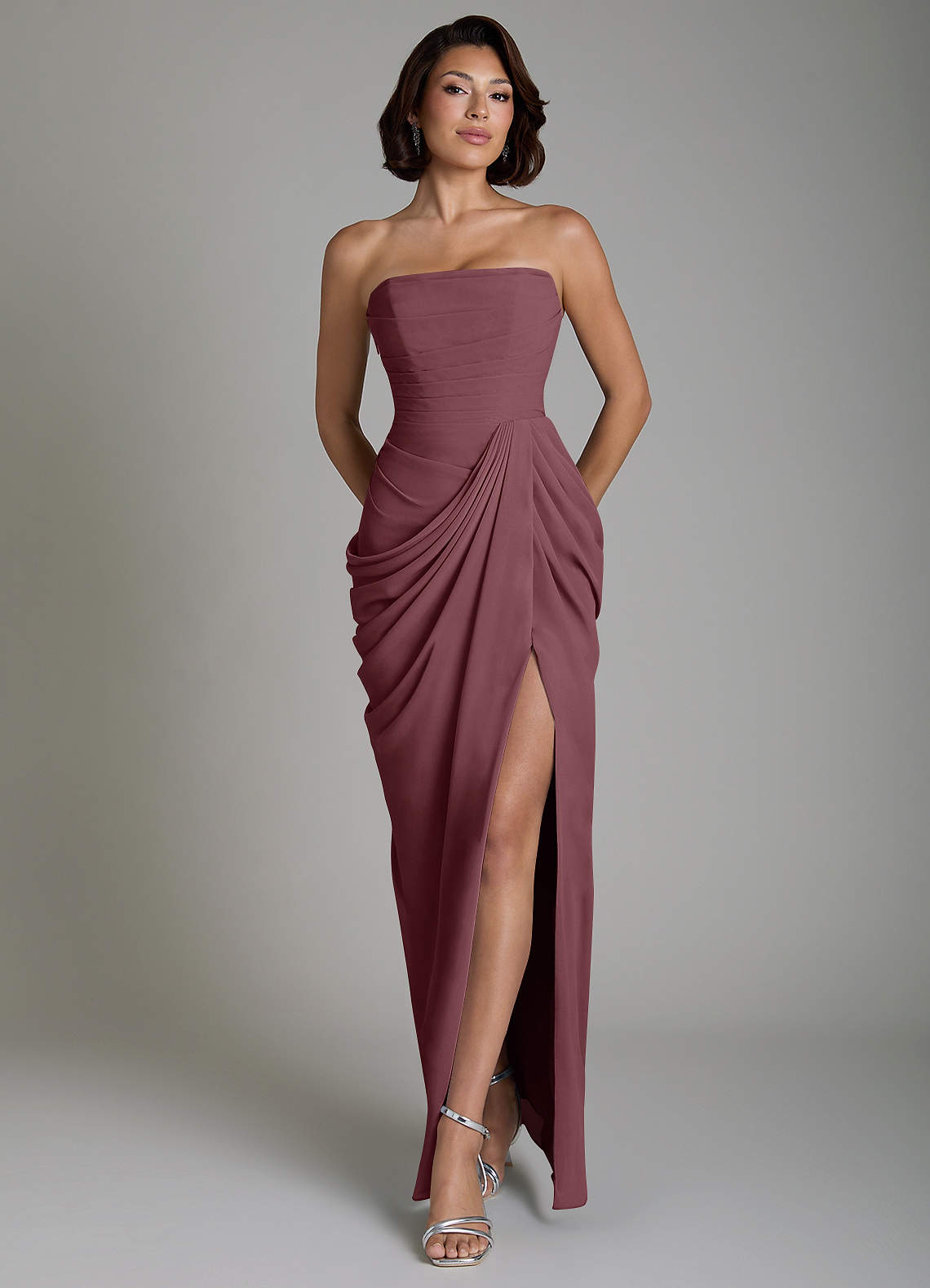 Nyra Sheath Strapless Chiffon Bridesmaid Dress in Sangria