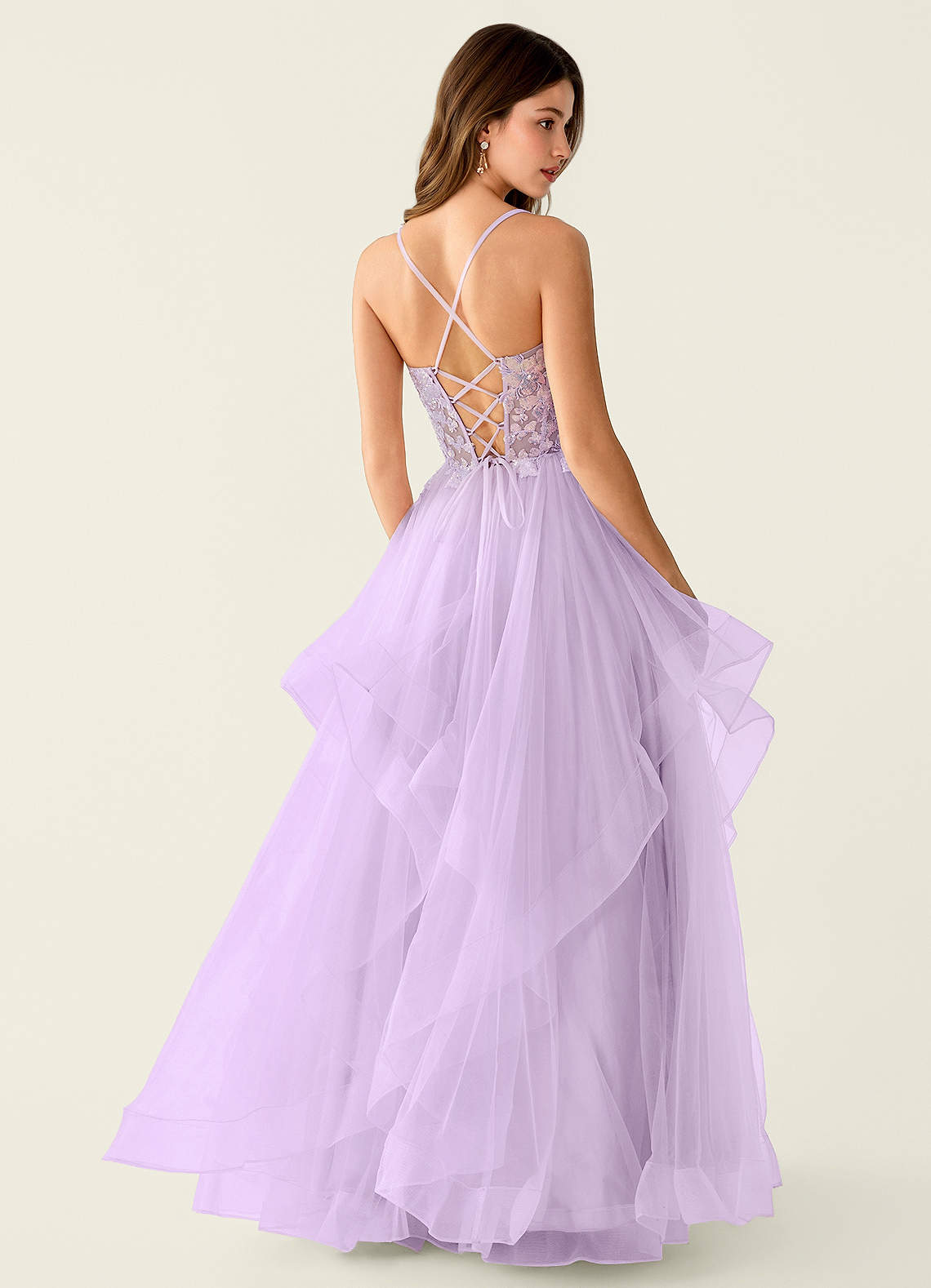 Mosaic A-Line V-Neck Tulle Evening Dress in Purple