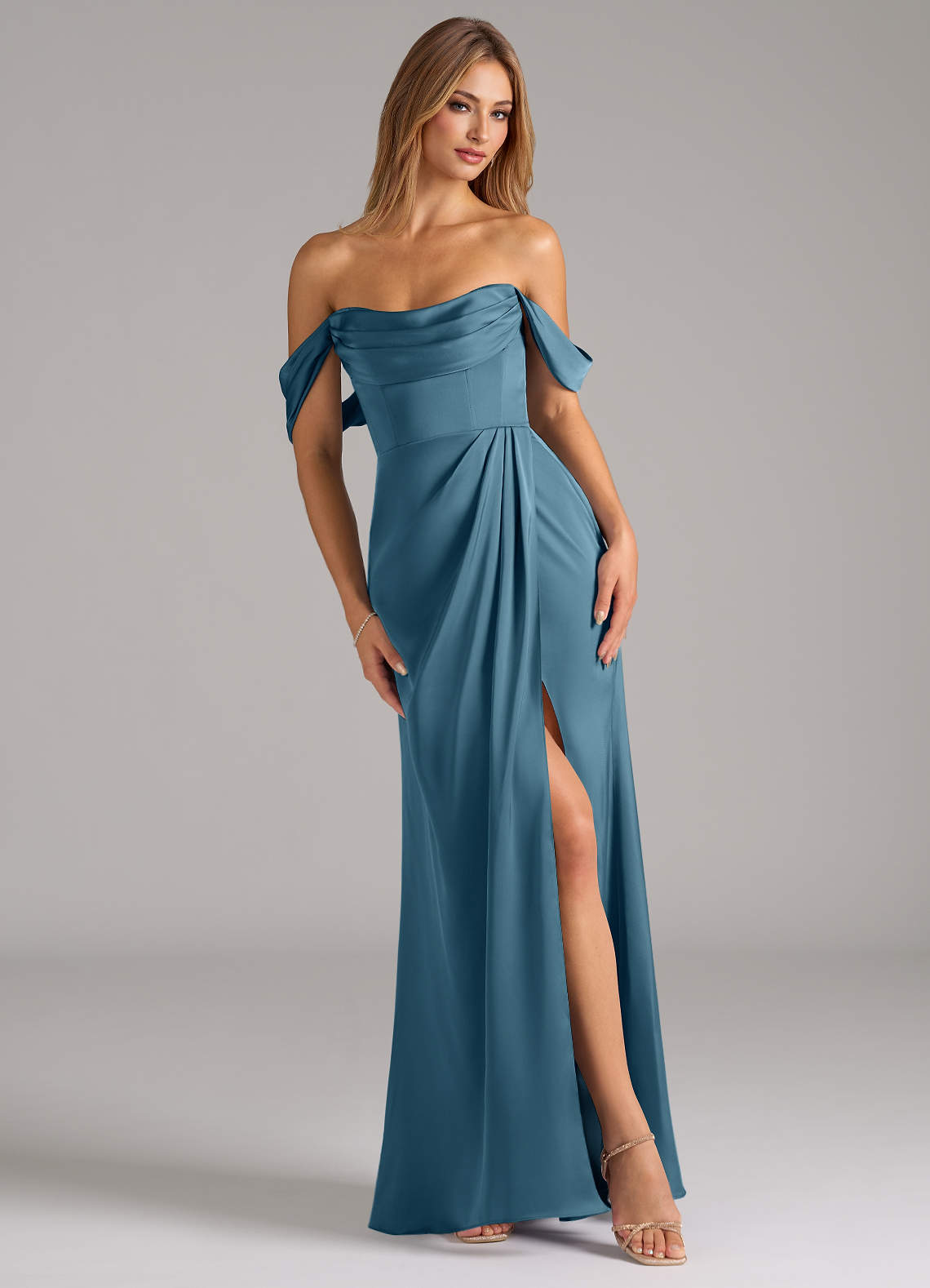 Johana Mermaid Off-the-Shoulder Stretch Satin Bridesmaid Dress in Bermuda