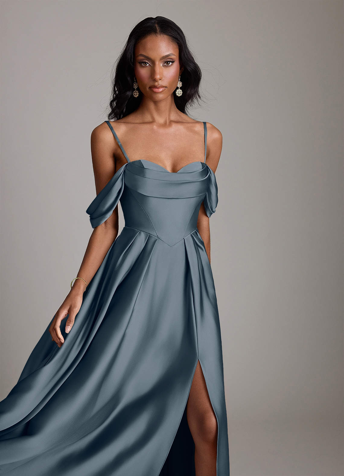 Loisa A-Line Off-the-Shoulder Stretch Satin Bridesmaid Dress in Twilight
