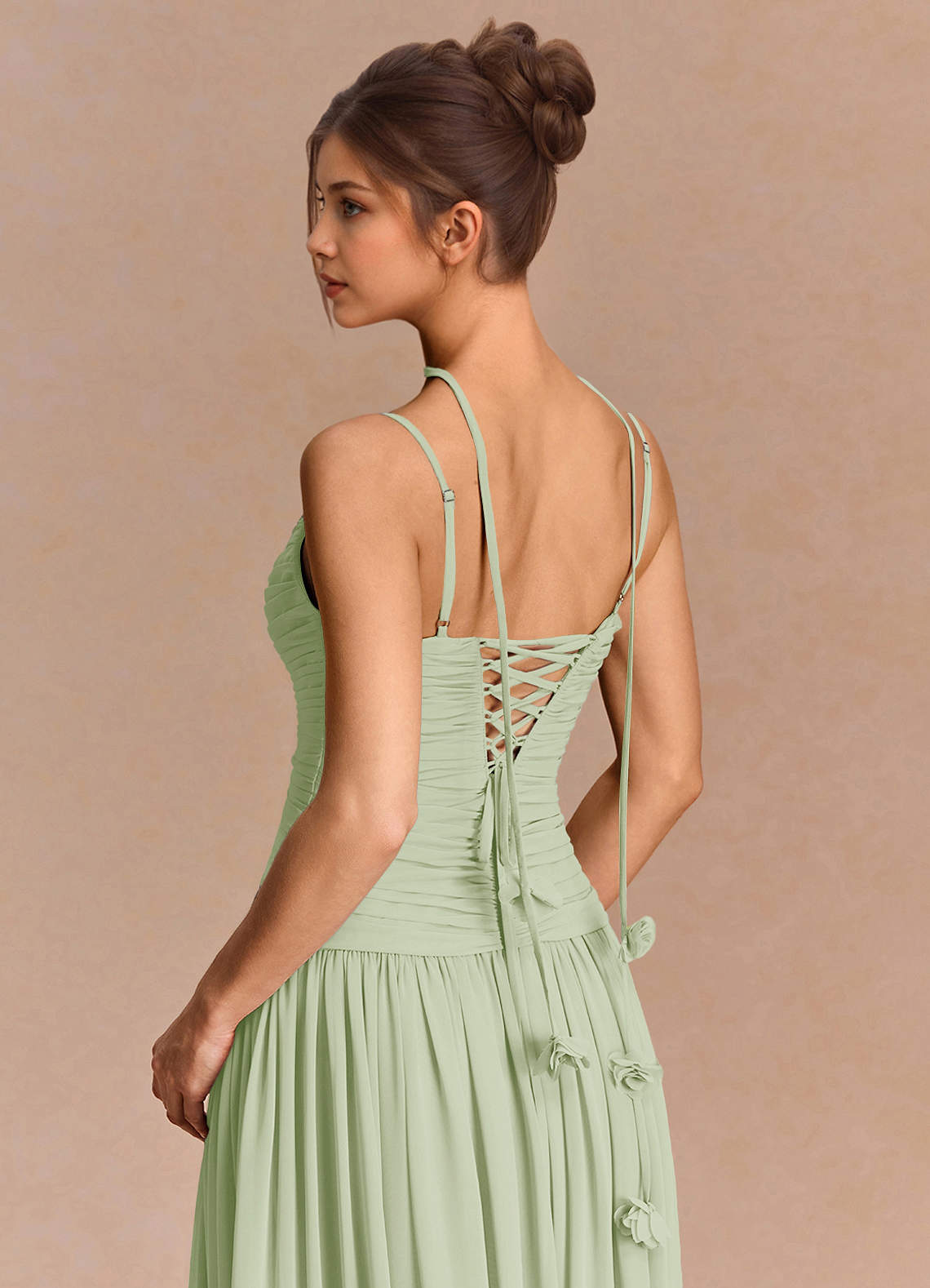 Eulalie A-Line Floral-Appliqué Chiffon Evening Dress in Light Green