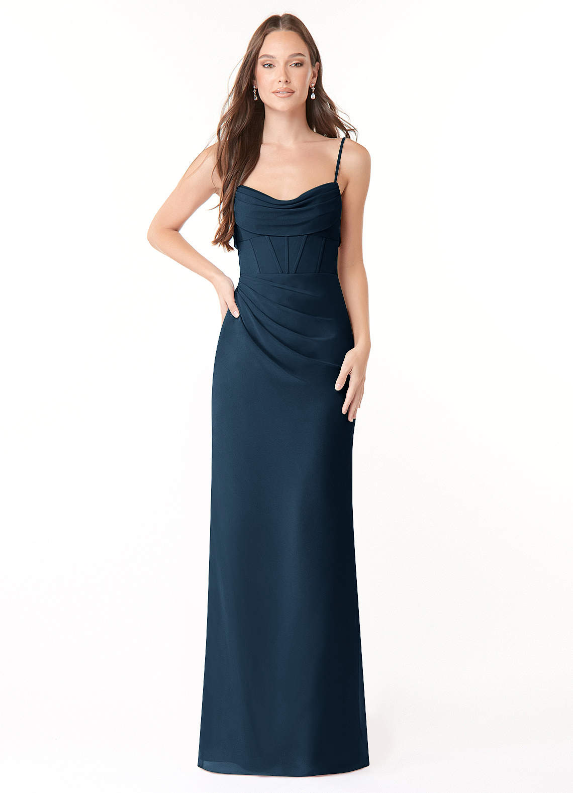 Mai Sheath Cowl-Neck Chiffon Bridesmaid Dress in Dark Navy