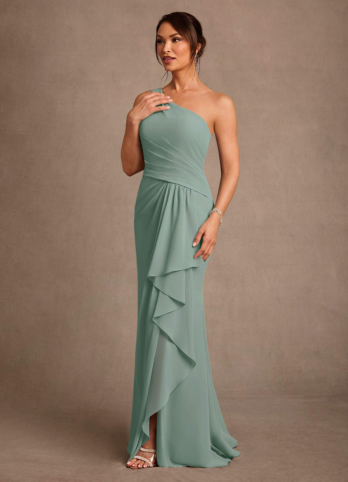 Floy Sheath One-Shoulder Chiffon Mother of the Bride Dress in Silver Sage