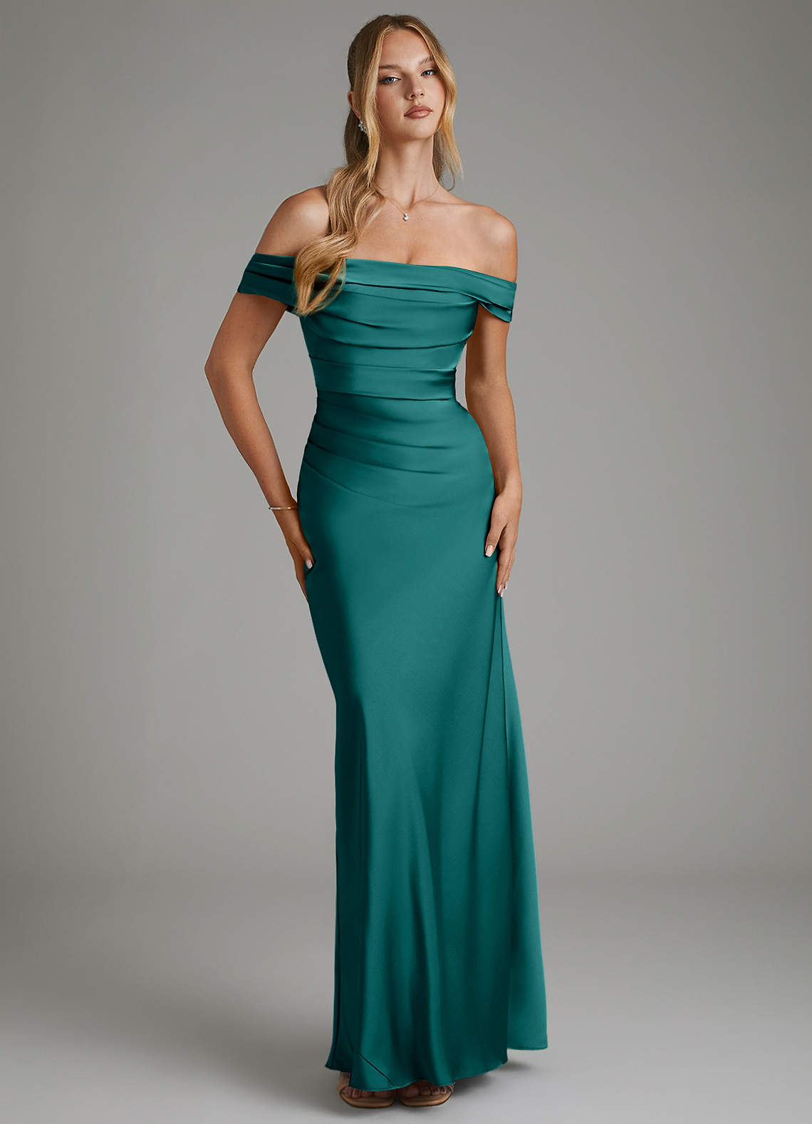 Hayden Mermaid Off-the-Shoulder Stretch Satin Bridesmaid Dress in Peacock