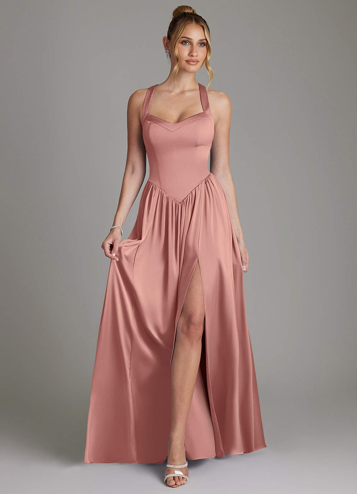 Francis A-Line V-Neck Stretch Satin Bridesmaid Dress in Rosette