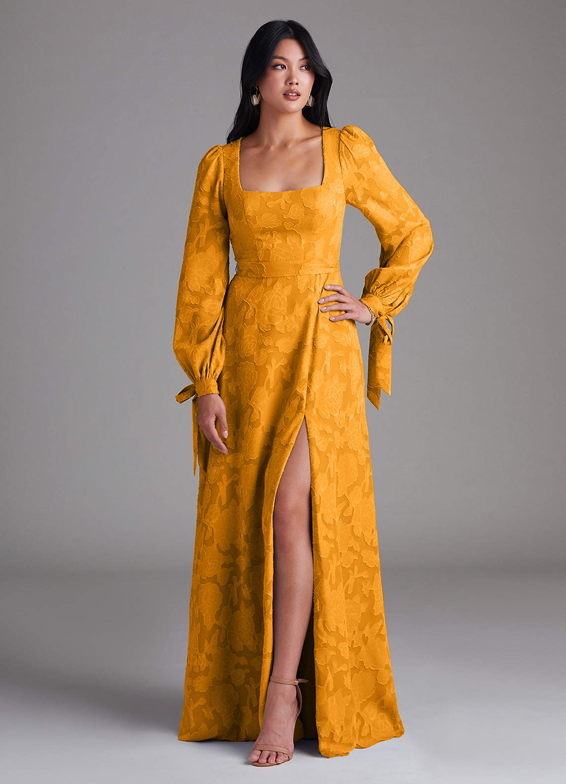 Leonia A-Line Square-Neck Stretch Satin Bridesmaid Dress in butterscotch