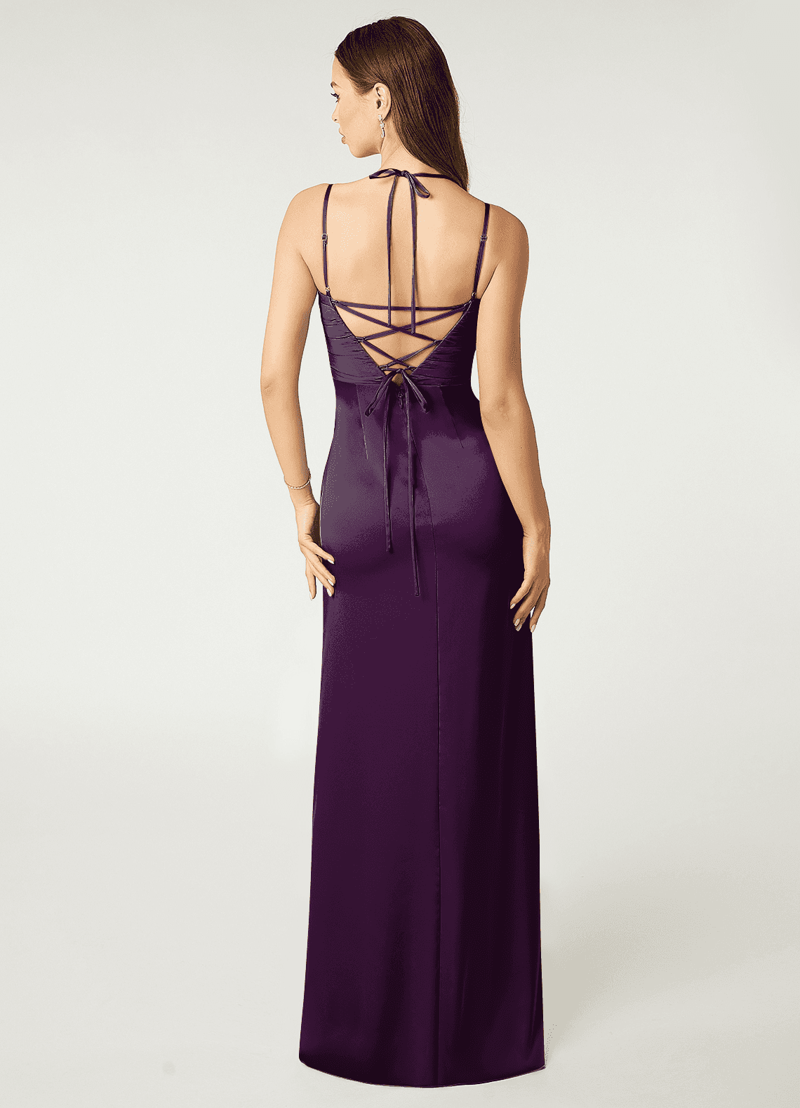 Desi Sheath Halter Stretch Satin Bridesmaid Dress in Grape