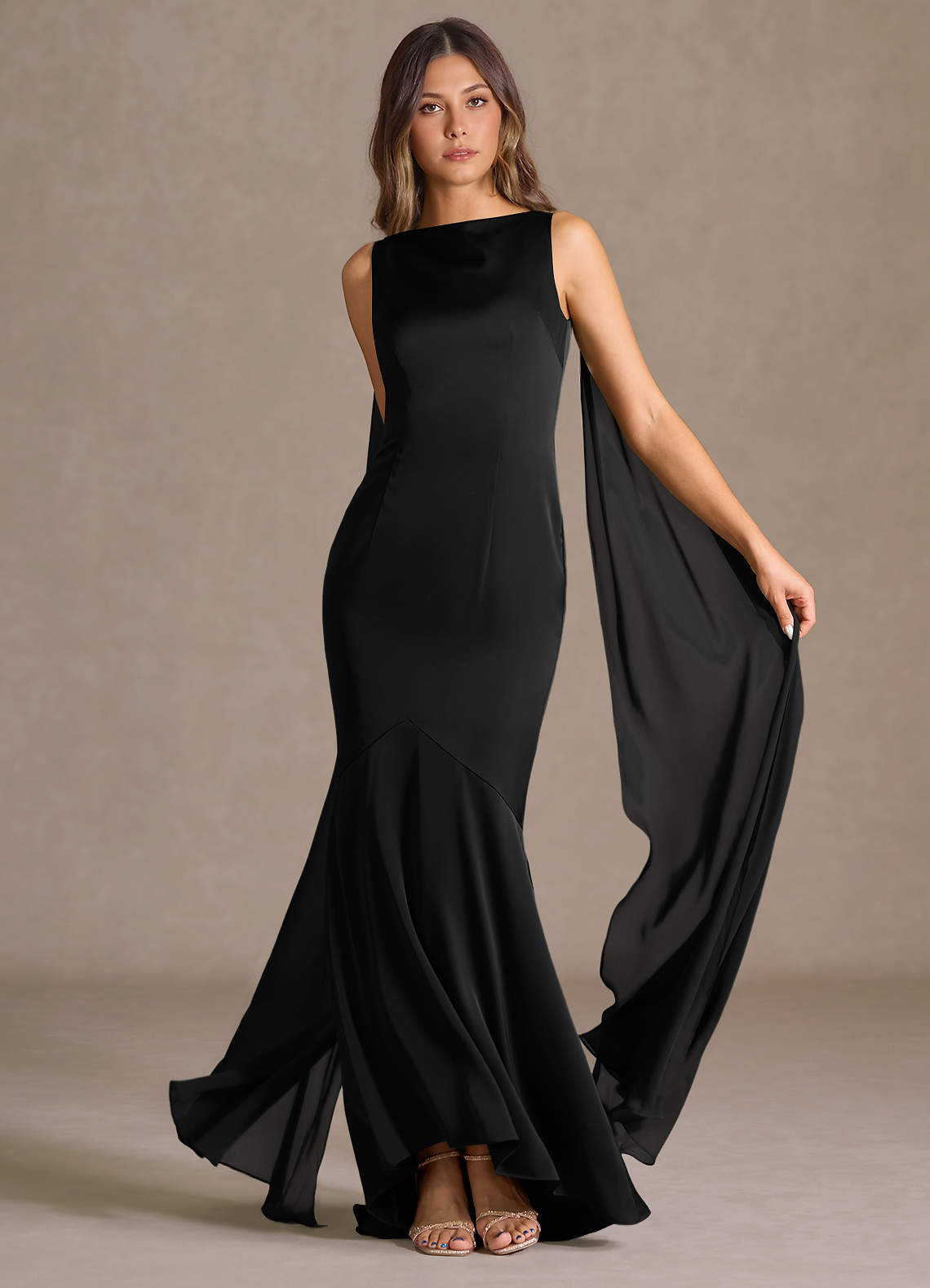 Wynne Mermaid Shoulder-Scarf Stretch Satin Evening Dress in black