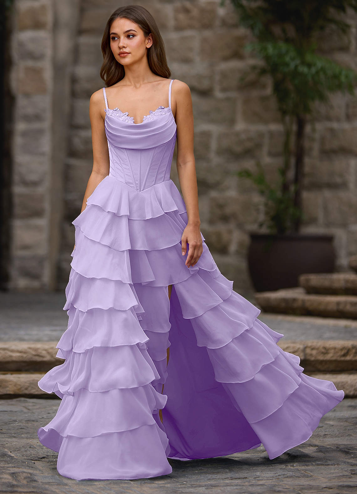 Floralace A-Line Ruffle Chiffon Evening Dress in Lilac