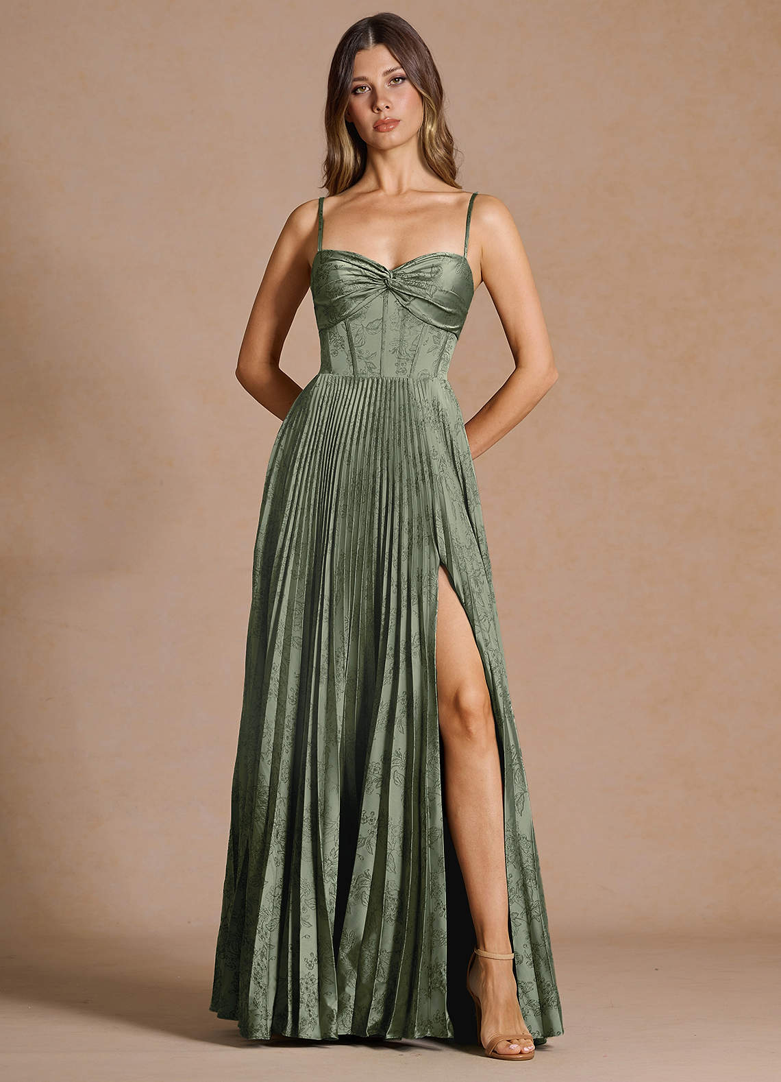 Vesper Pleated Knot-Neck Jacquard Wedding Guest Dress in Moss Navy