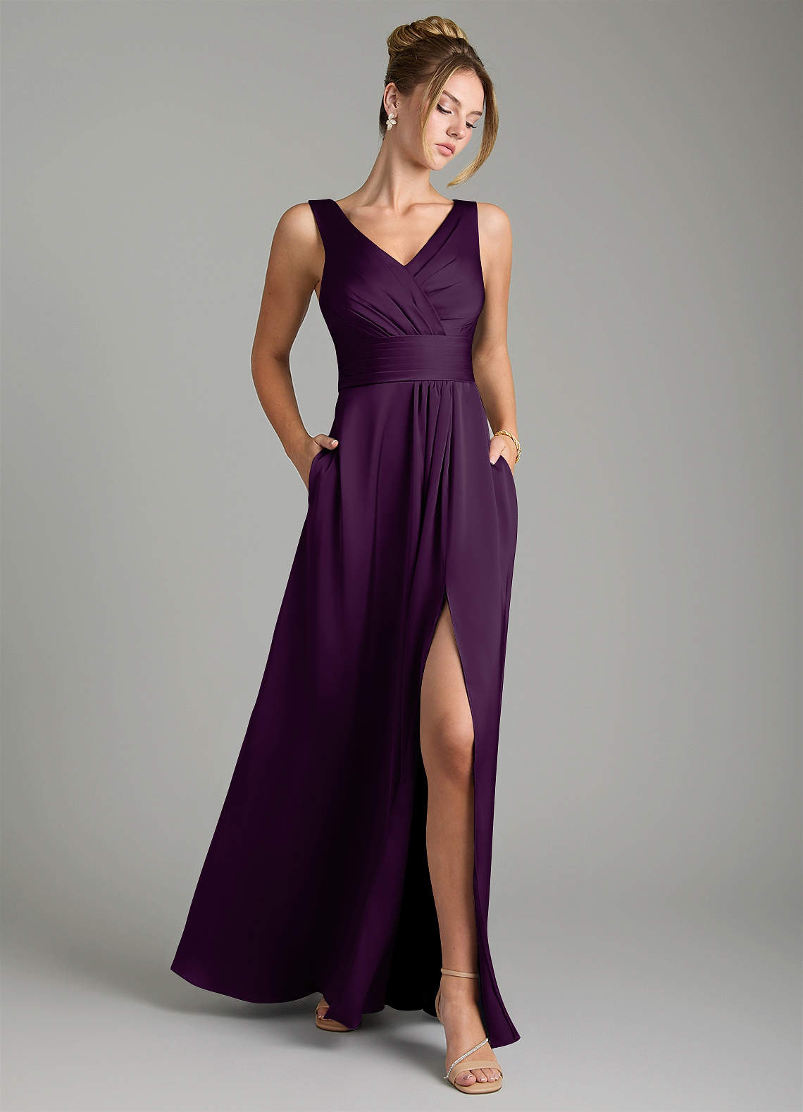 Karina A-Line V-Neck Stretch Satin Bridesmaid Dress in Grape