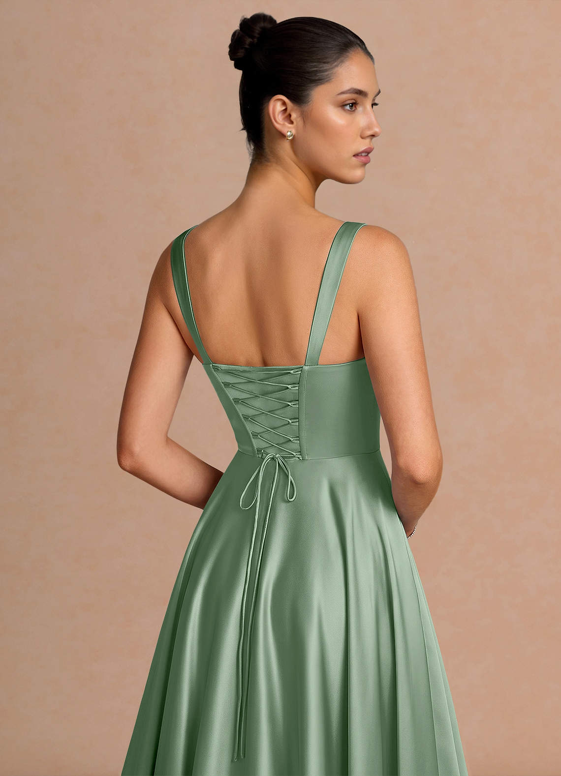 Azaria A-Line Square-Neck Stretch Satin Wedding Guest Dress in Aloe Green