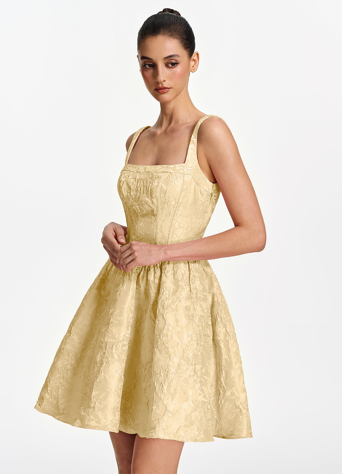 Lionelle Skater Mini Square-Neck Jacquard Prom Dress in Orange - photo 4