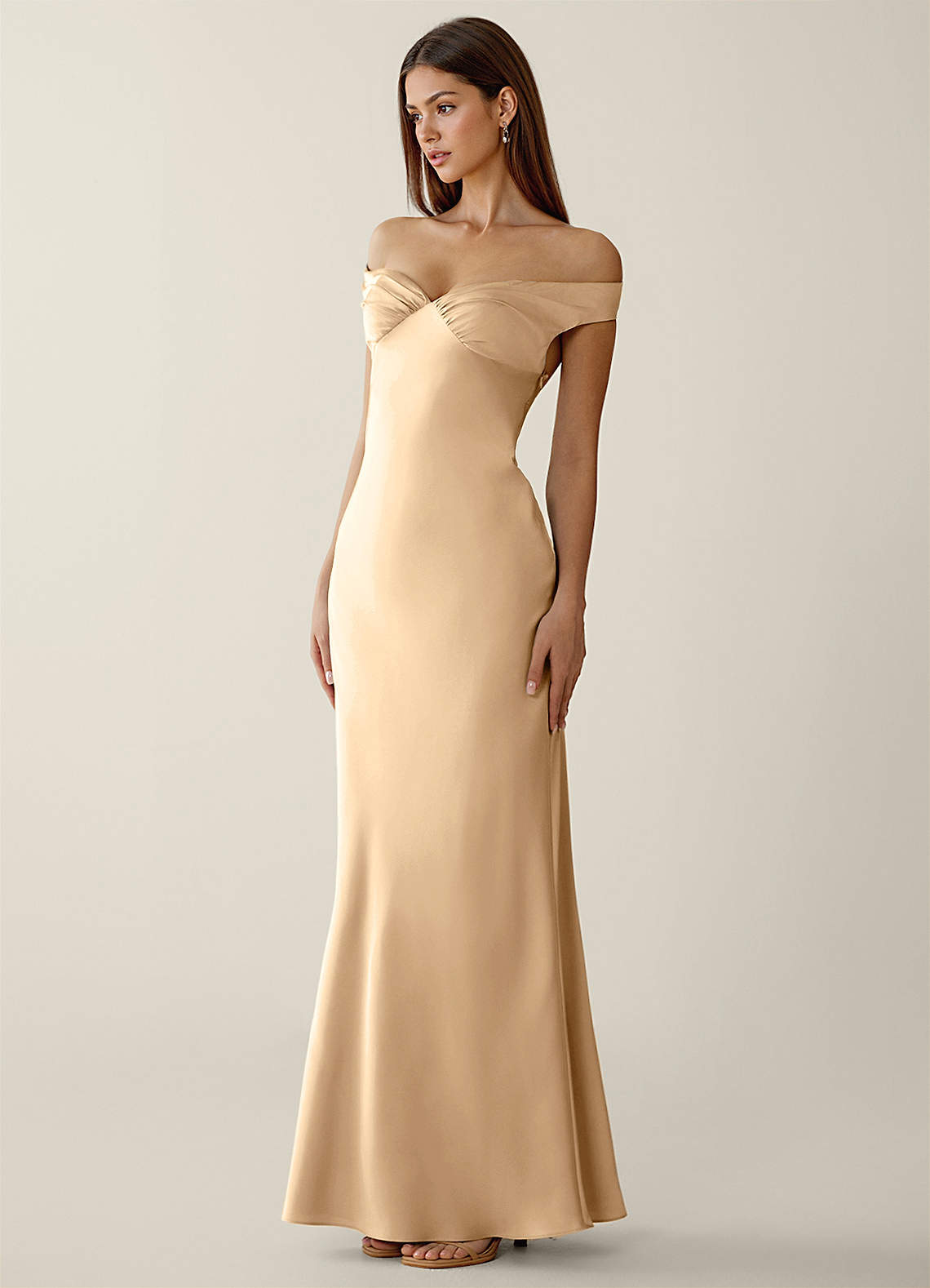 Gwendonme Sheath Off-the-Shoulder Satin Crystal Linen Evening Dress in Champagne