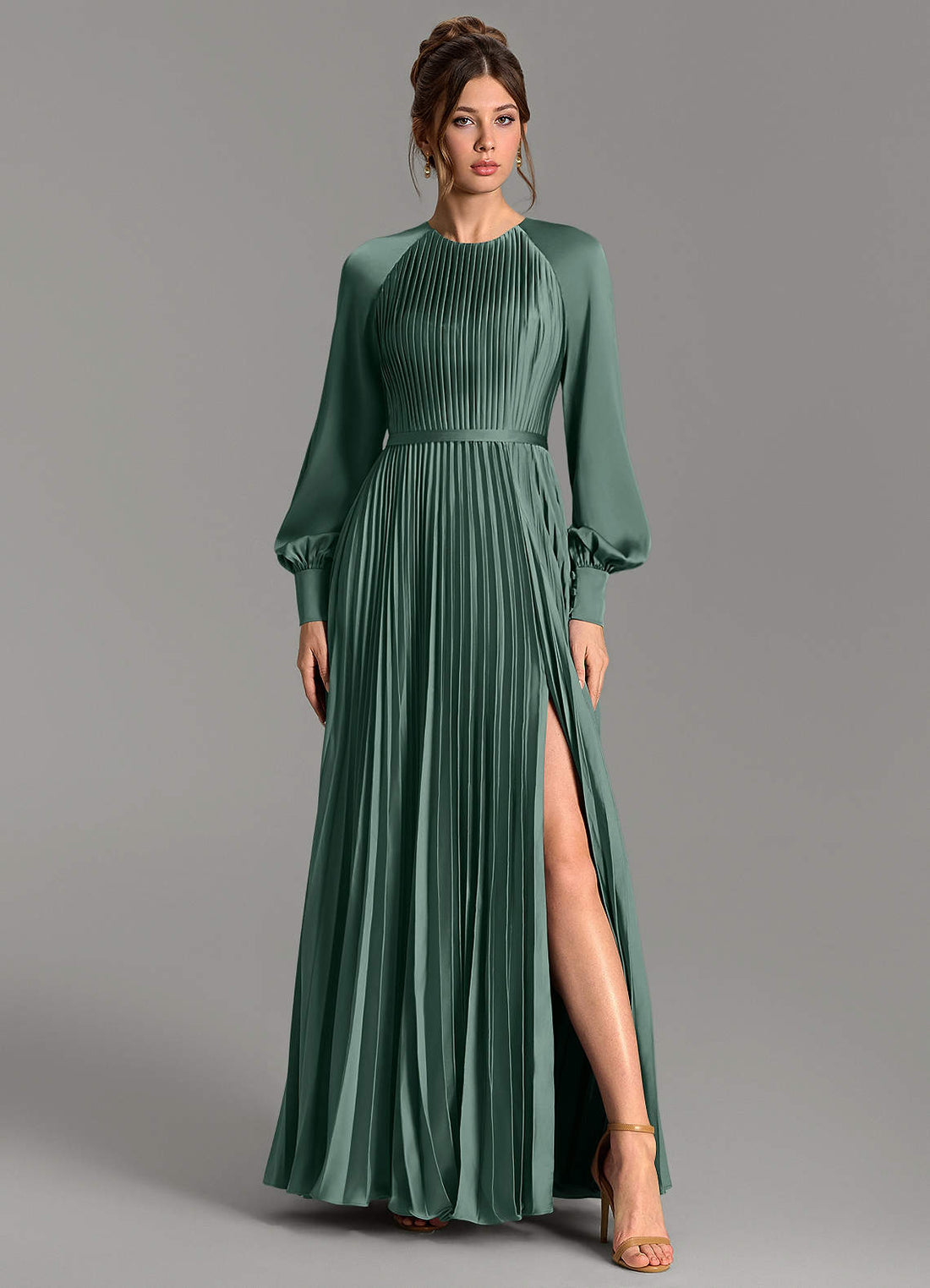Grayson A-Line Scoop-Neck Stretch Satin Bridesmaid Dress in Sea Moss