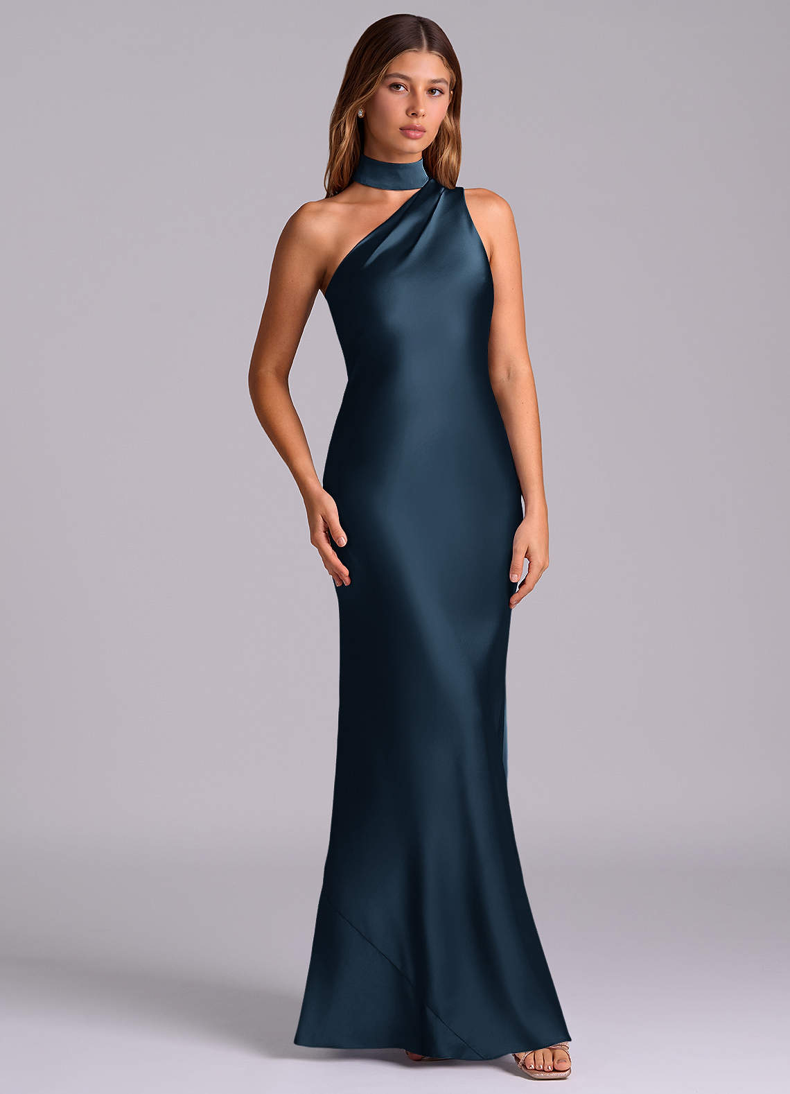 Seona Mermaid One-Shoulder Stretch Satin and Tulle Bridesmaid Dress in Dark Navy