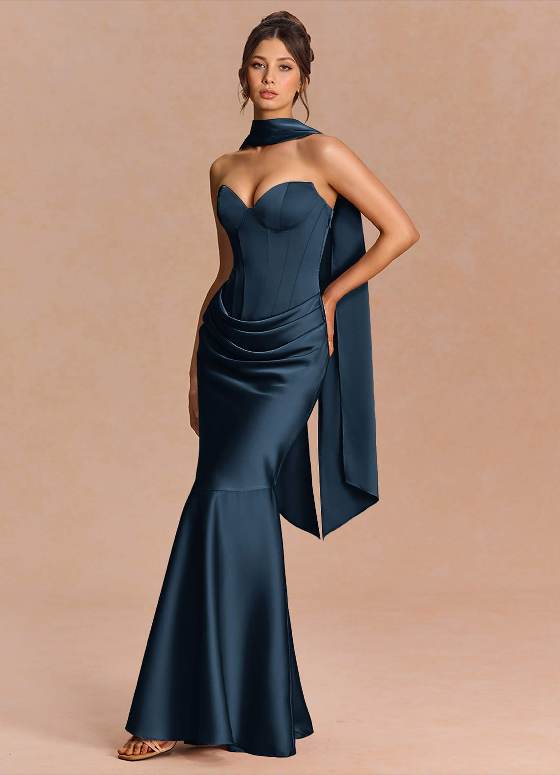 Euphemia Mermaid Strapless Stretch Satin Evening Dress in Navy
