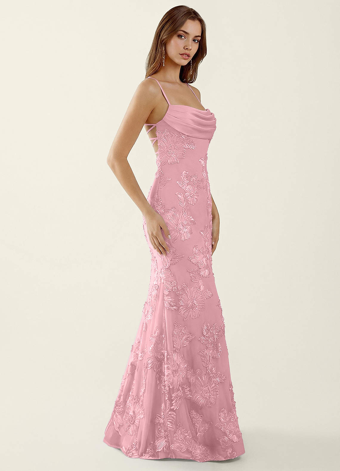 Bellatrix Mermaid Spaghetti-Strap Stretch Lace Evening Dress in English Rose