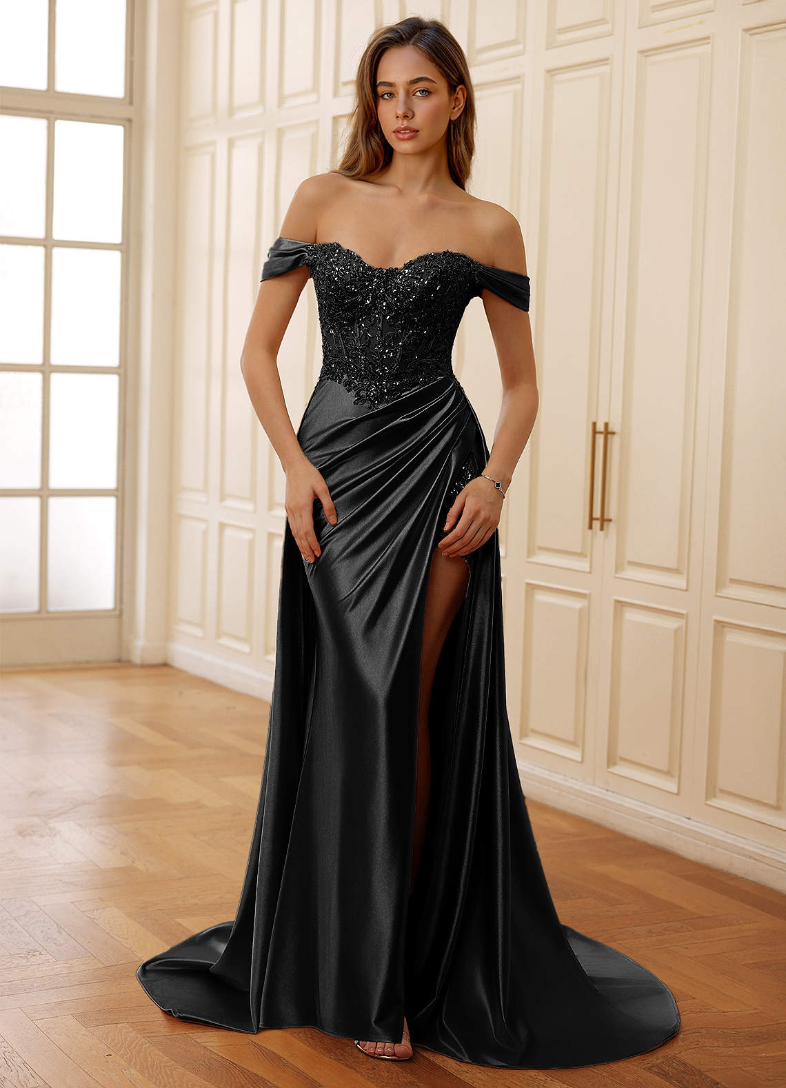 Rowane A-Line Off-the-Shoulder Satin Evening Dress in black