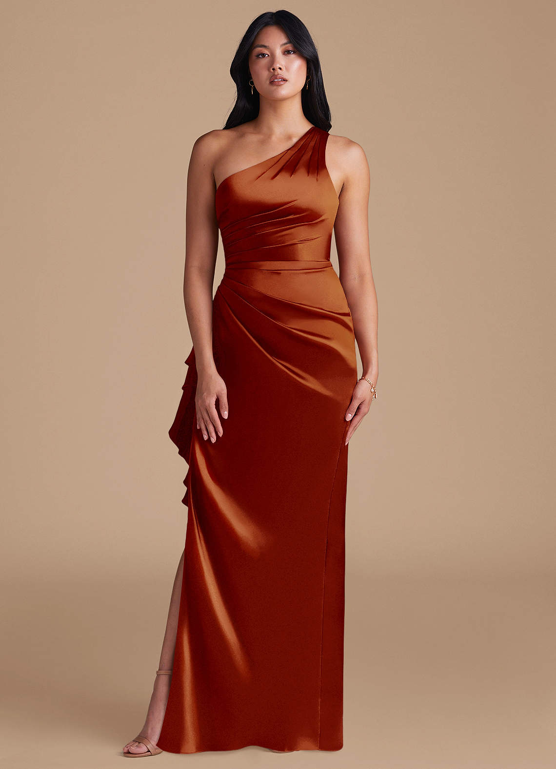 Latrice Sheath One-Shoulder Metallic Satin Bridesmaid Dress in Auburn