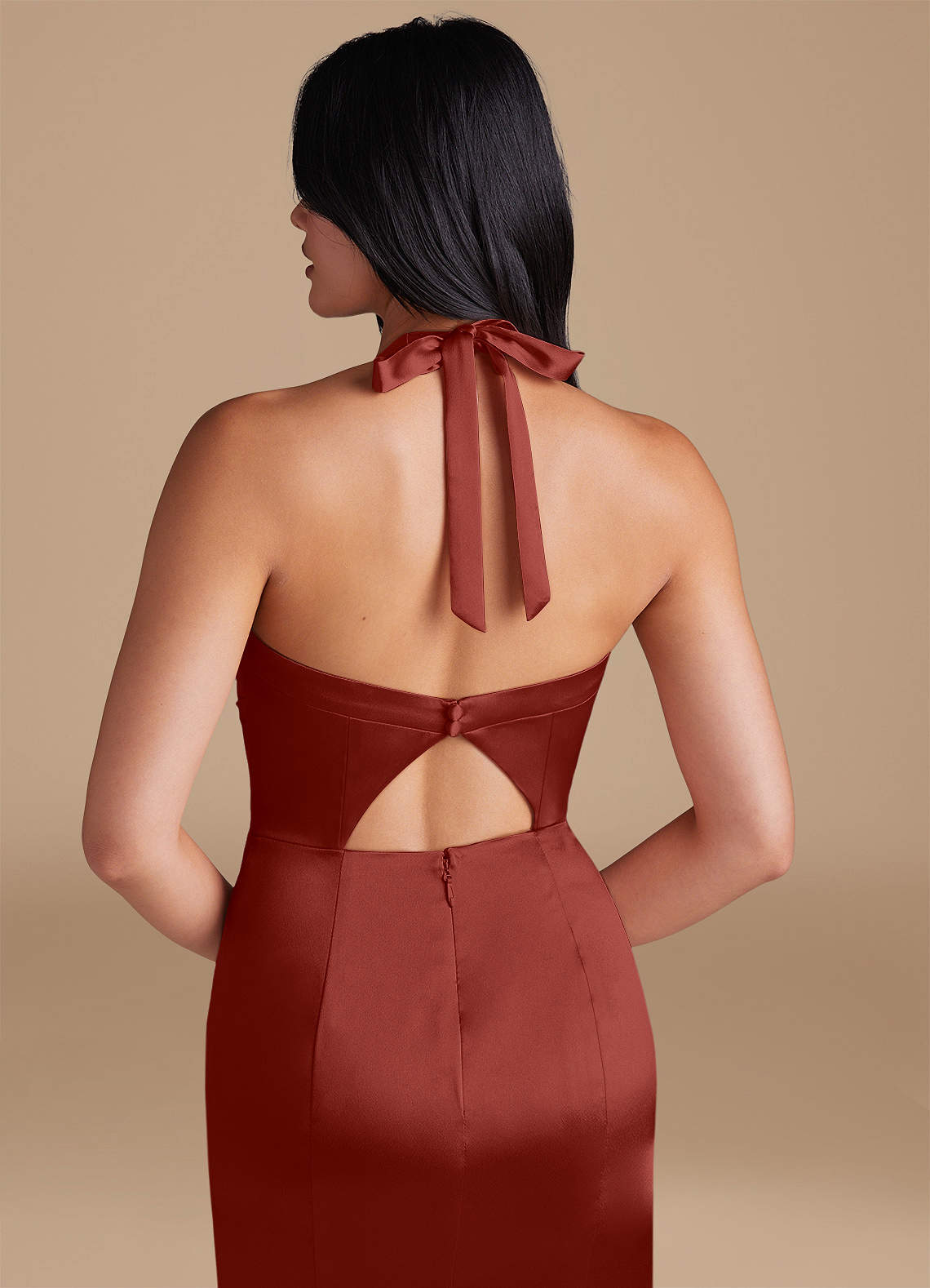 Emeria Sheath Halter Metallic Satin Bridesmaid Dress in Terracotta