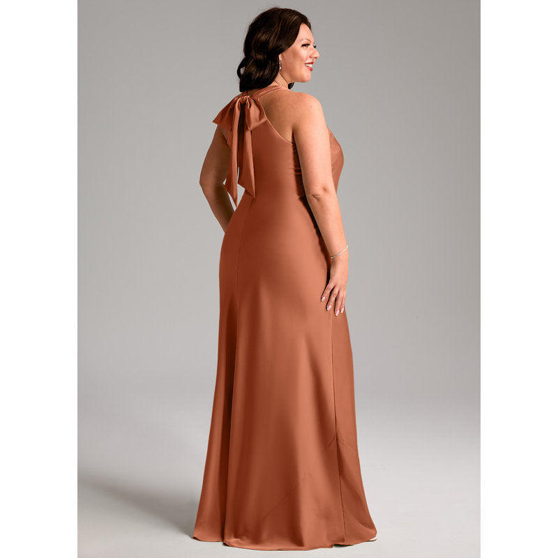 Doretta Mermaid Halter Stretch Satin Bridesmaid Dress in Cedar Rose - view 8