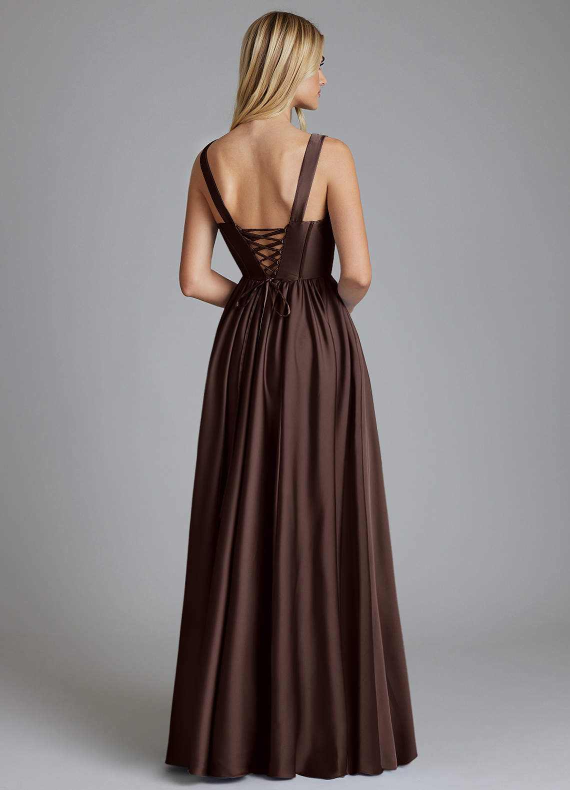 Delmie A-Line V-Neck Stretch Satin Bridesmaid Dress in Ganache