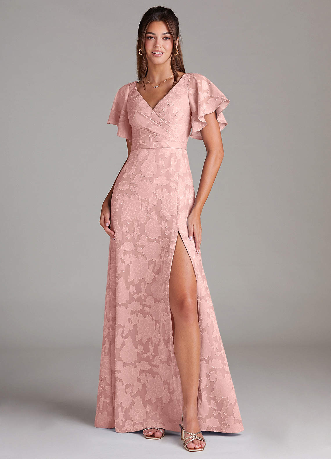 Ambrosia A-Line V-Neck Floral Burnout Bridesmaid Dress in Powder Pink