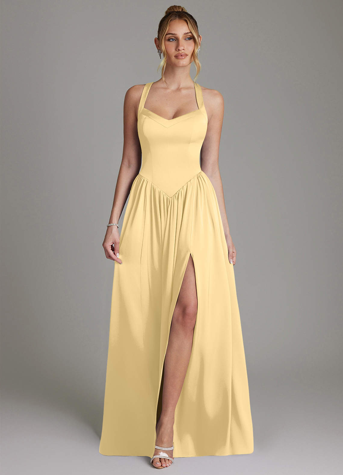 Francis A-Line V-Neck Stretch Satin Bridesmaid Dress in Butter