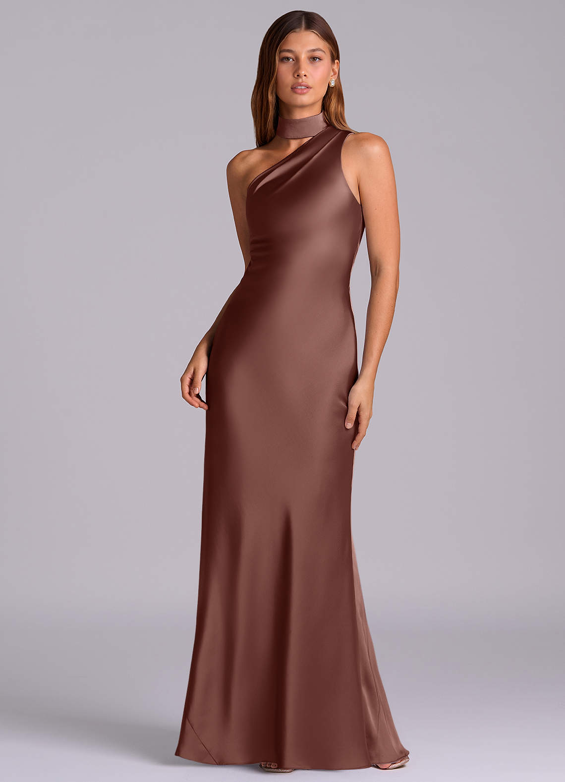 Seona Mermaid One-Shoulder Stretch Satin and Tulle Bridesmaid Dress in Espresso