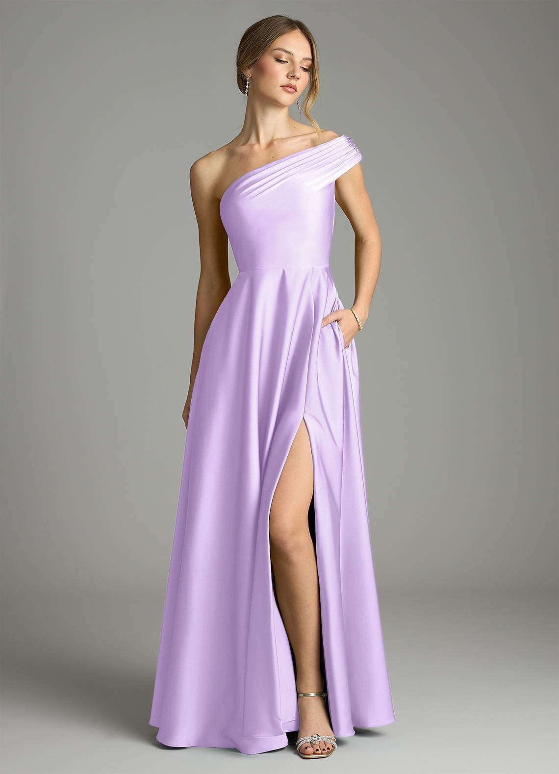 Melanie A-Line One-Shoulder Stretch Satin Bridesmaid Dress in Lilac