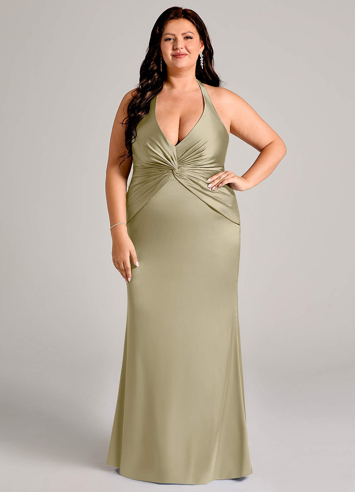 Valerie Mermaid V-Neck Stretch Satin Bridesmaid Dress in Moss Green