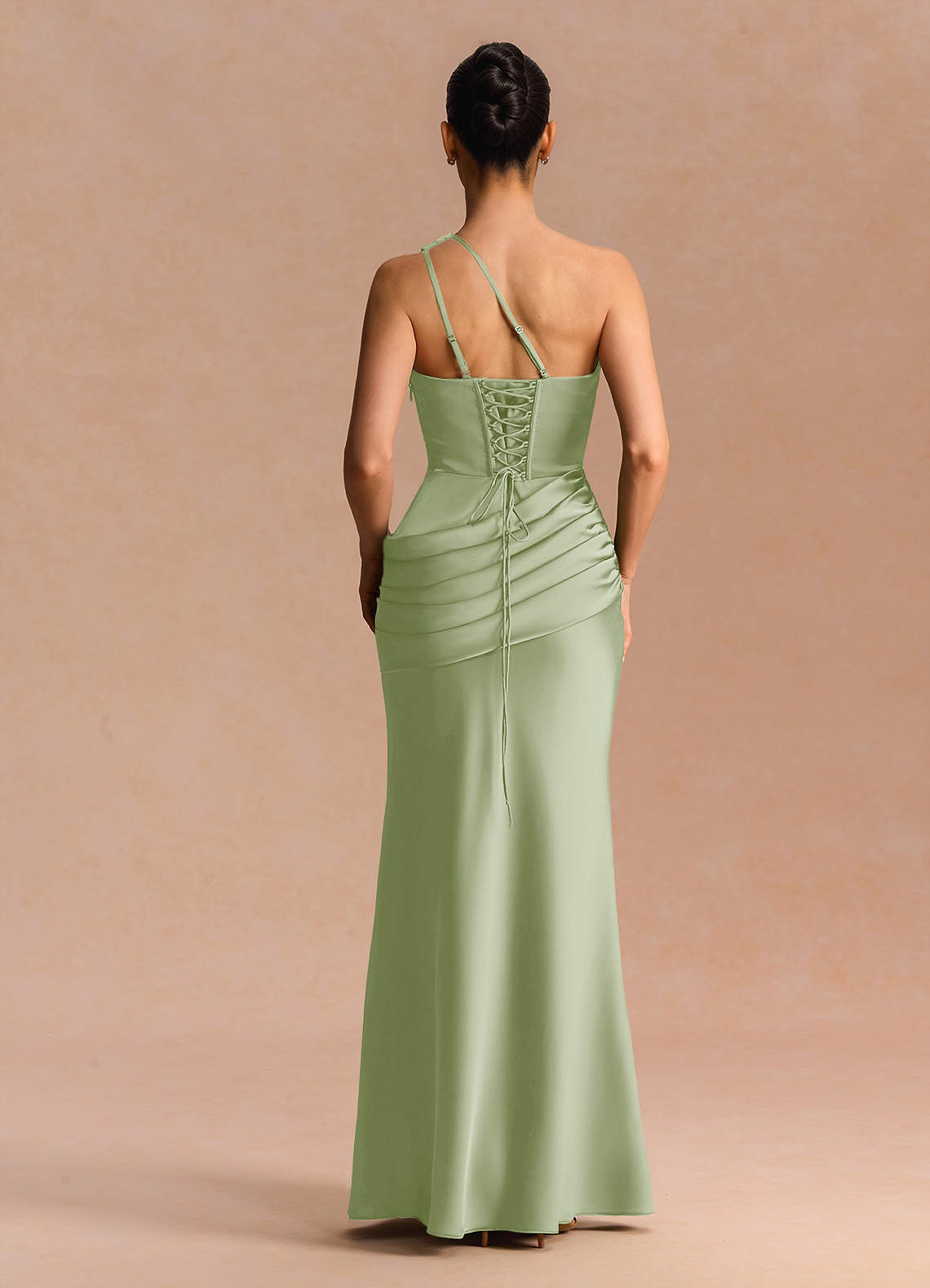 Guinevere One-Shoulder Cutout Stretch Satin Evening Dress in Light Green