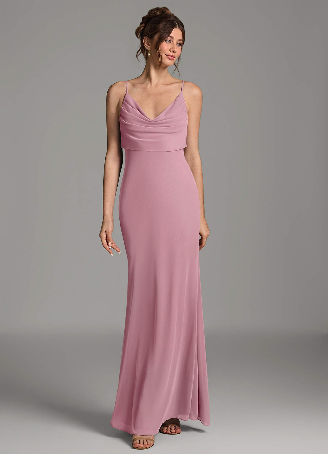 Zari Mermaid Cowl-Neck Mesh Bridesmaid Dress in Vintage Mauve