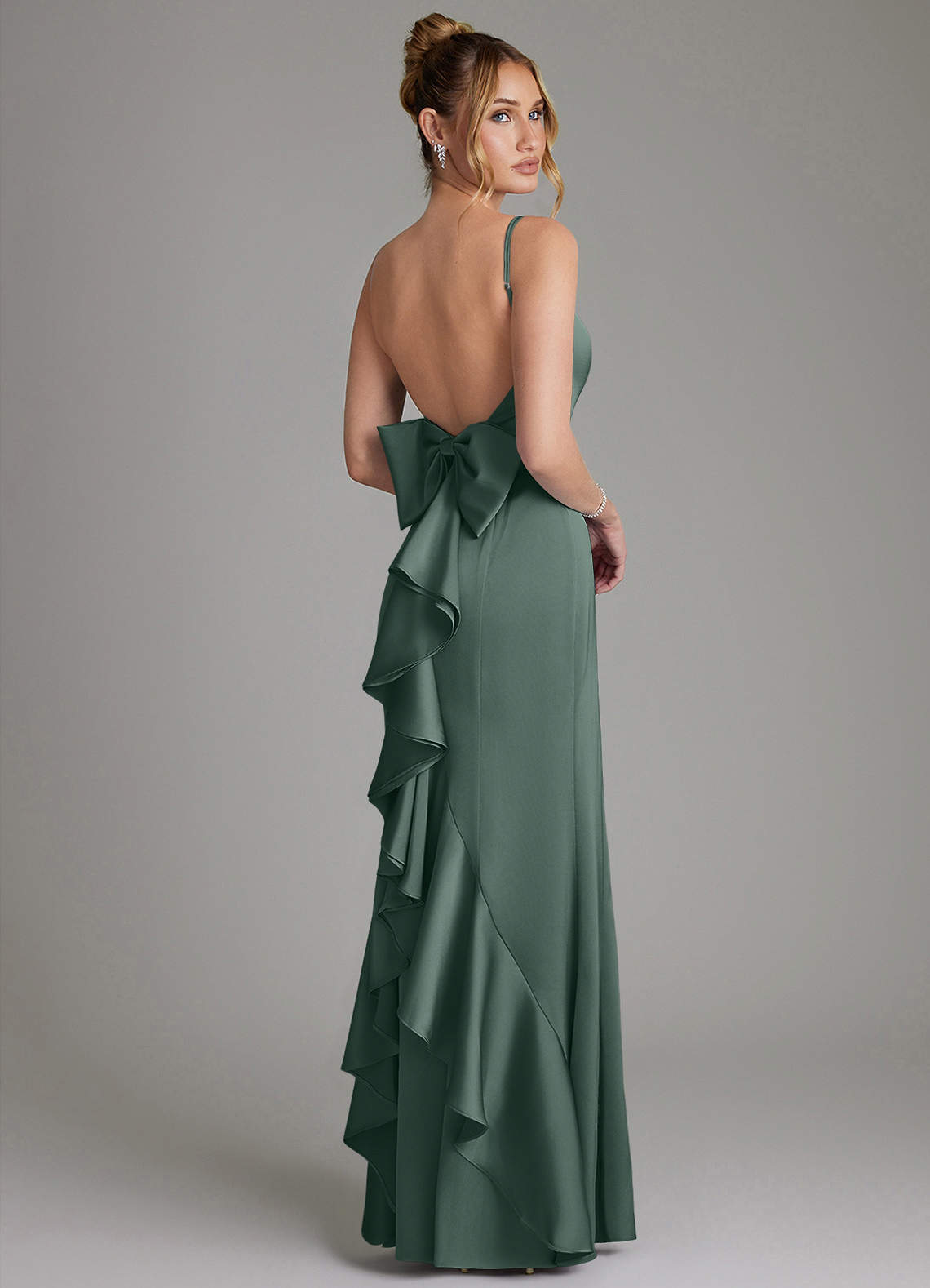 Zherra Mermaid Scoop-Neck Stretch Satin Bridesmaid Dress in Sea Moss