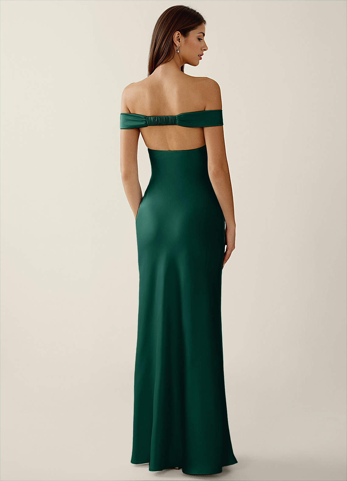 Gwendonme Sheath Off-the-Shoulder Satin Crystal Linen Evening Dress in Emerald Green