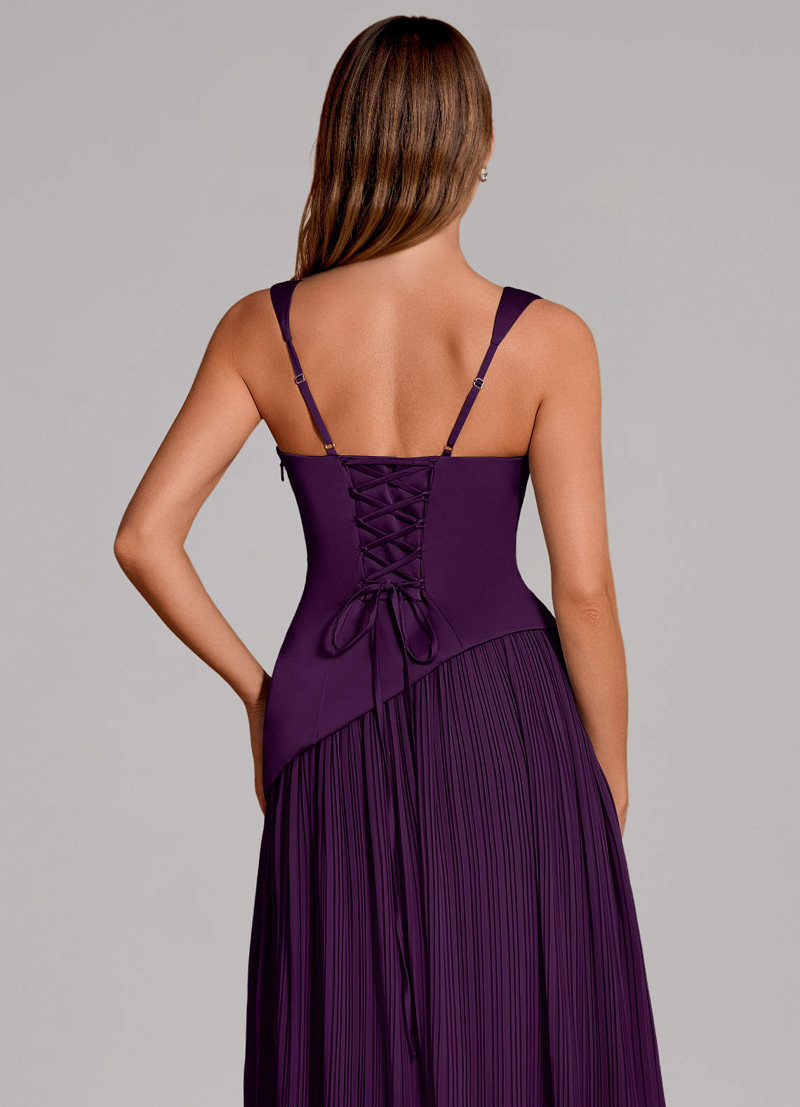 Stephanie A-Line Square-Neck Stretch Satin and Chiffon Bridesmaid Dress in Grape