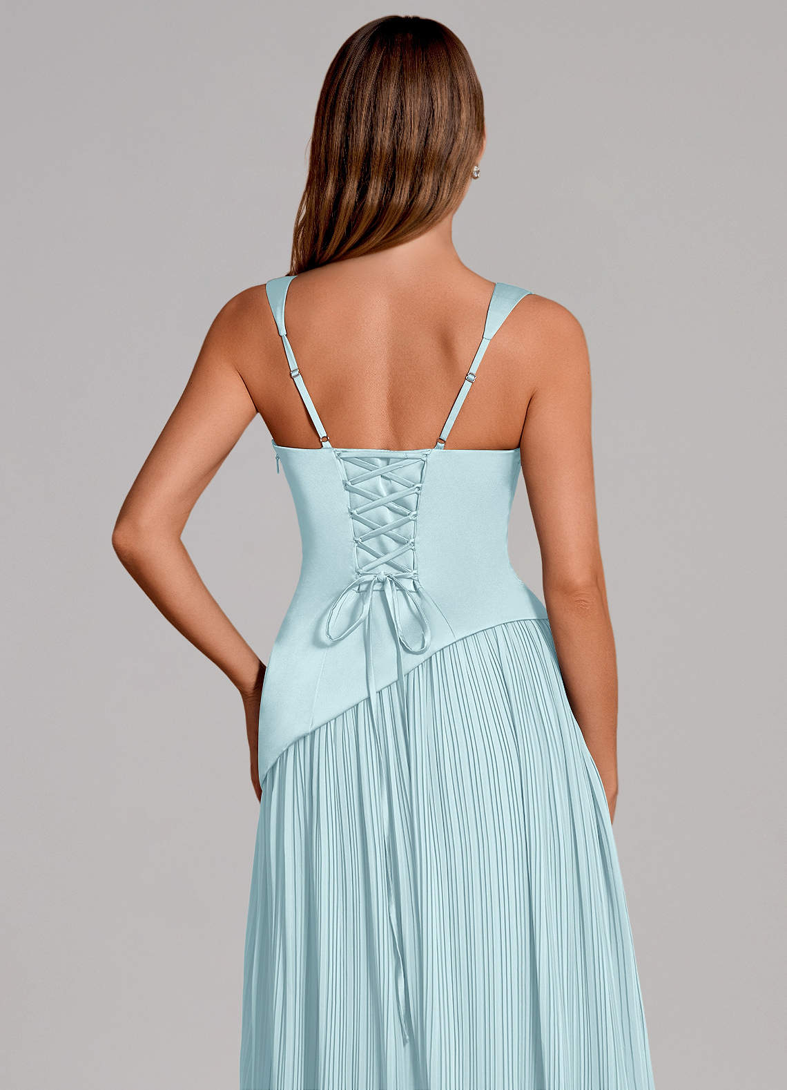 Stephanie A-Line Square-Neck Stretch Satin and Chiffon Bridesmaid Dress in Cloud Blue